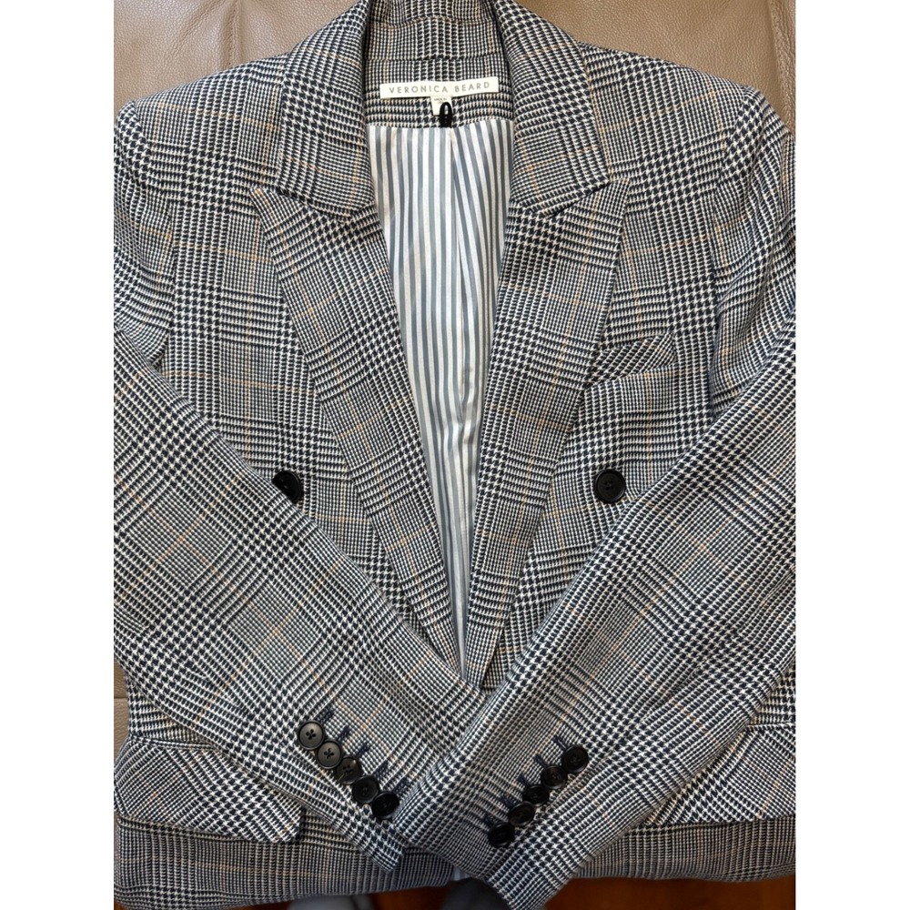 Veronica Beard Glen Plaid Linen Cotton Double Breasted Blazer Blue White 6